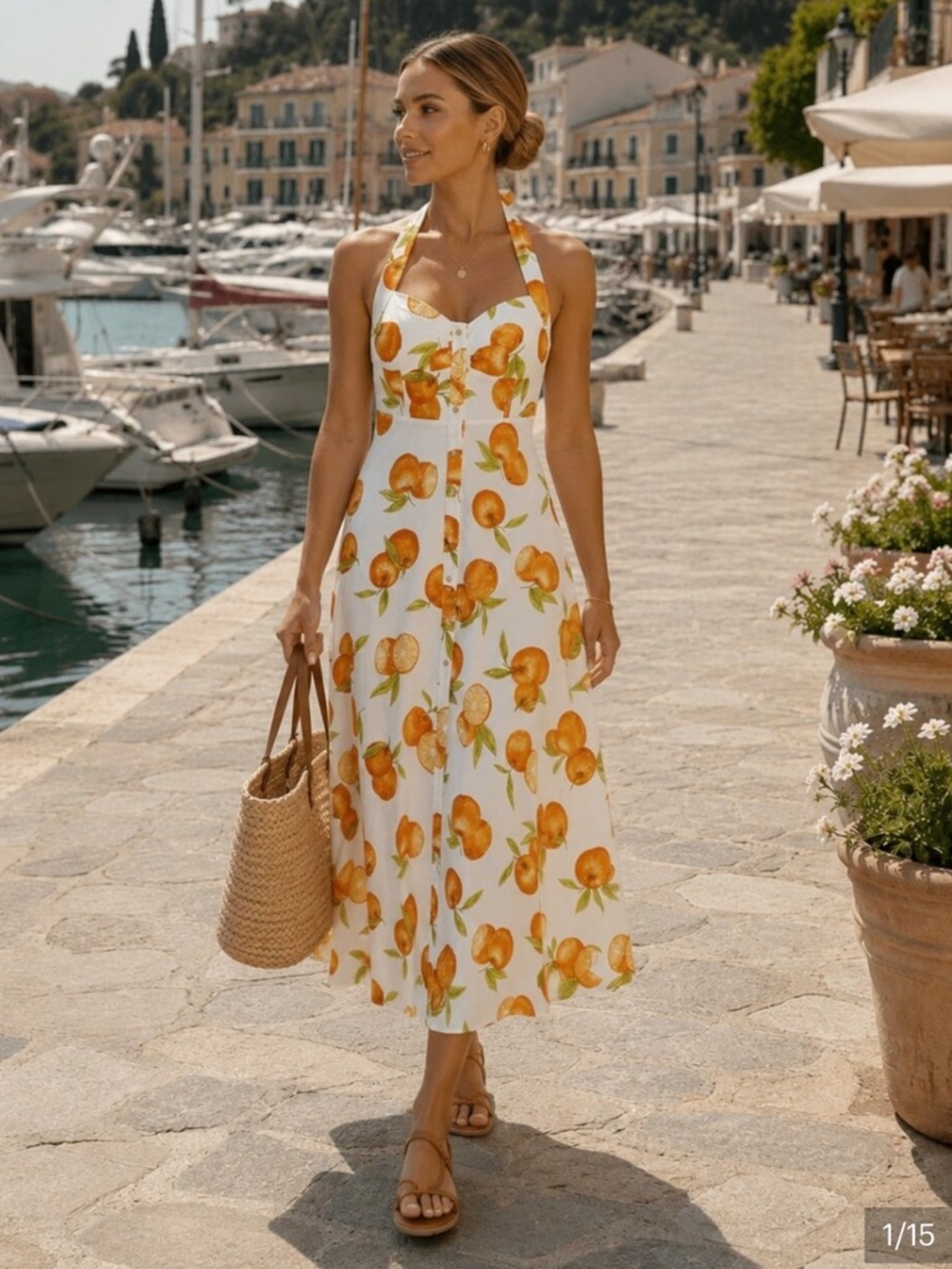 Zara White Halter Midi Dress with Orange Citrus Motif